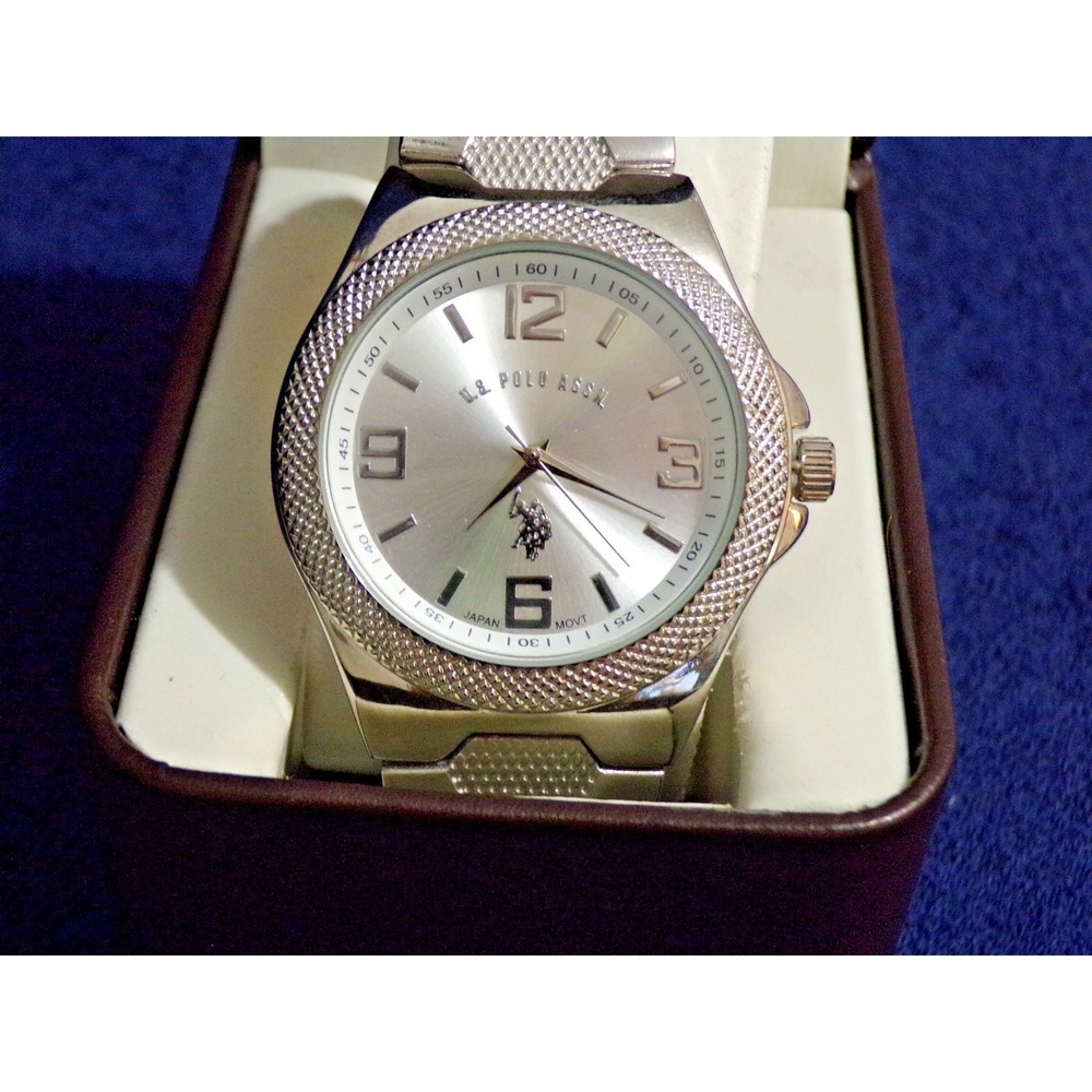 US Polo Assn Men's Watch Silver Stainless Steel Square Analog Quartz Date Large
